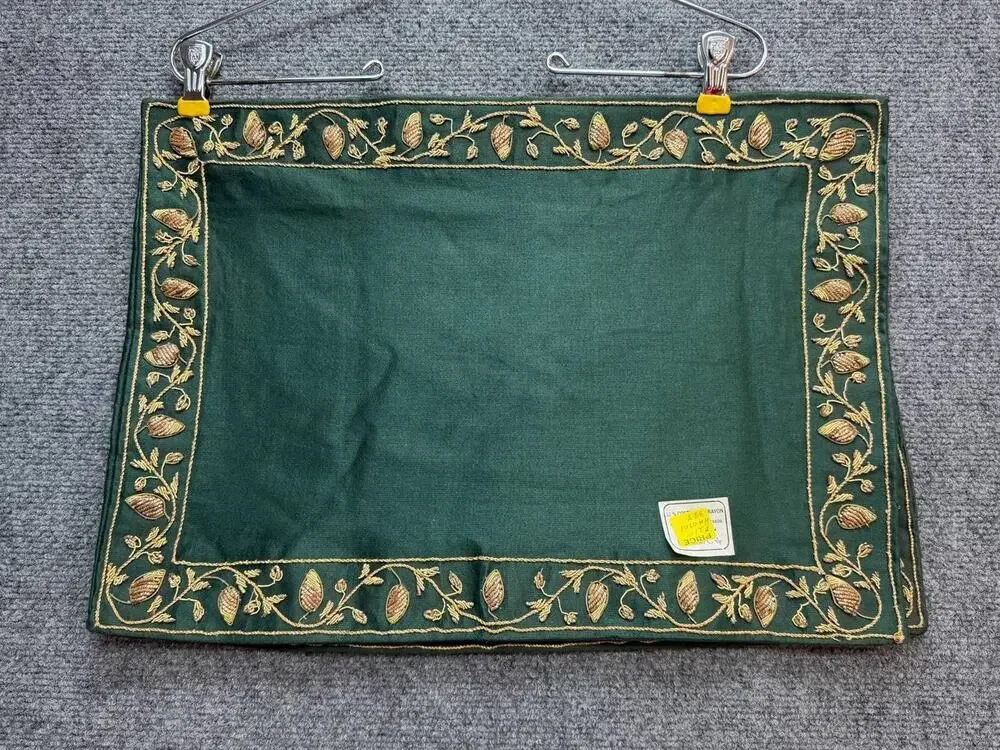 Set of 3 Green Gold Embroidered Placemats Table Mats Holiday Decor